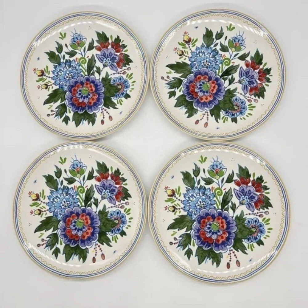 Pottery Barn Floral Salad Plates Set of 4 Blue Purple Red Stoneware 8.25in